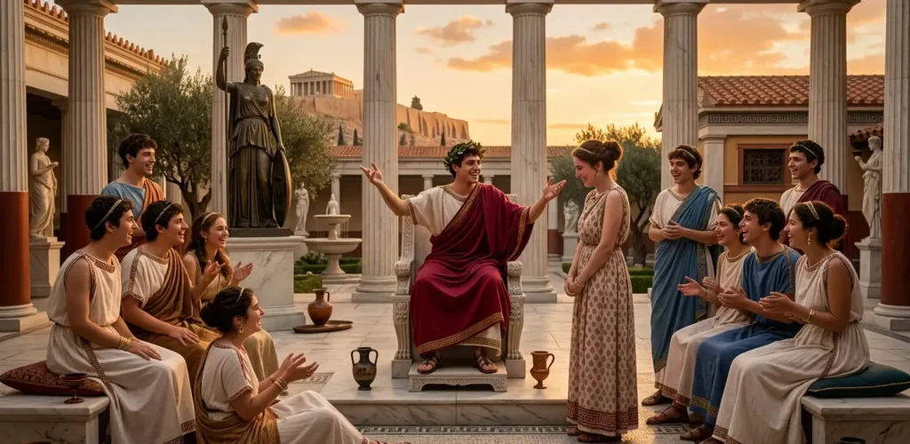 Ancient Greece social gathering scene